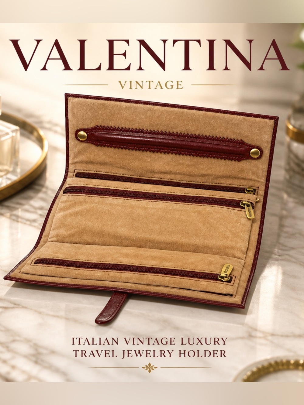 Valentina Vintage Italian burgundy leather jewelry travel holder